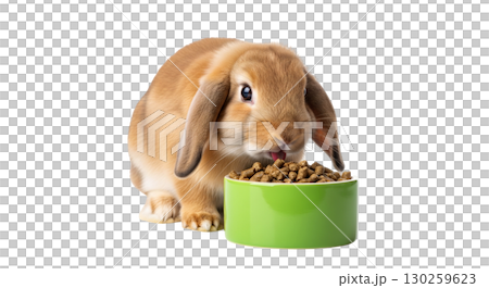 Floppy eared rabbit sits isolated and intently gazes at a green bowl of dried pellets. Its nose twitches and it licks its lips in anticipation of a tasty meal. 130259623