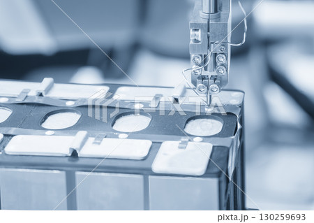 Automatic assembly process of battery pack for electric vehicle in the blue tone. 130259693