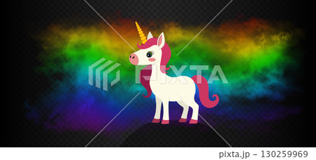 Unicorn in front of realistic wavy rainbow clouds. Vector illustration of fantastic creature. Symbol Unicorn in front of realistic wavy rainbow clouds. Vector illustration of fantastic creature. Symbol 130259969