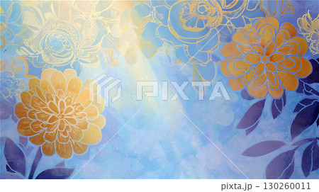 青と黄色の水彩背景に、金色の線画で描かれた花が輝く幻想的で美しいイラスト背景。 130260011
