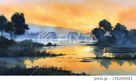 Tranquil watercolor painting of sunrise with hopeful atmosphere, 130260081
