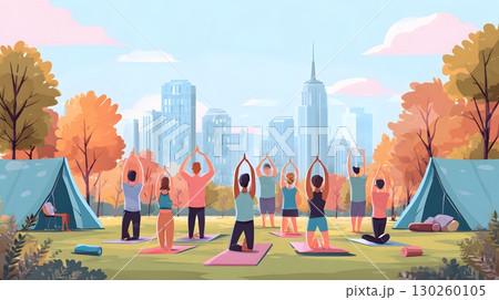 Realistic yoga class in park with diversity group 130260105