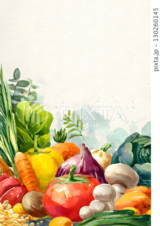 Watercolor illustration of fresh vegetables and grains with banner text, 130260145