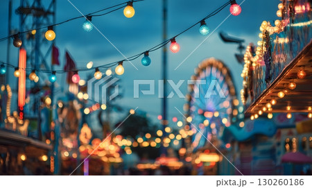 Evening Oktoberfest scene with colorful carnival lights, 130260186