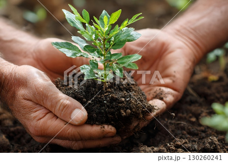 hands planting small tree growth and mental healing 130260241