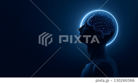 Peaceful human silhouette with glowing brain illustration symbolizing mental wellness, 130260366