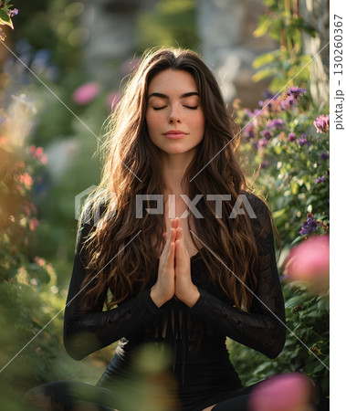 Realistic portrait of young woman meditating in serene garden, 130260367