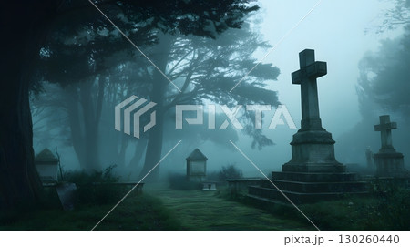 Creepy graveyard with old tombstones and fog, atmospheric scene, Creepy graveyard with old tombstones and fog, atmospheric scene, 130260440