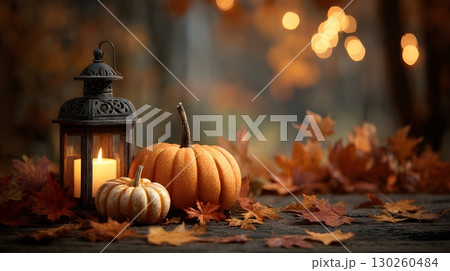 Realistic candlelit pumpkin patch with autumn leaves 130260484