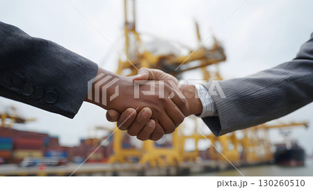 Asian business partners shaking hands in logistics hub with cargo ships in background 130260510