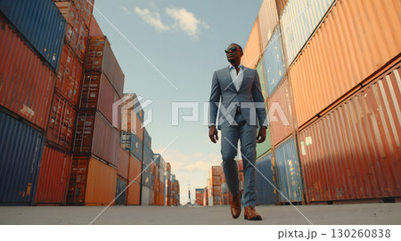 confident executive walking through container yard high detail 8k 130260838