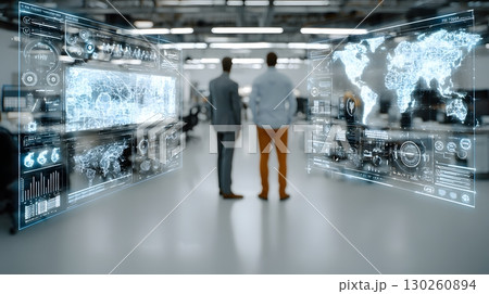 business partners discussing big data solutions, leaders with holographic analytics charts, cool office environment, ultra realistic, sharp focus, 8K, high detail, professional stock photography 130260894
