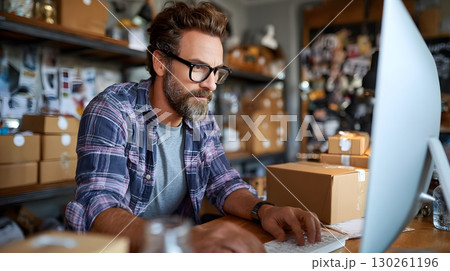 SME founder checking ecommerce orders on computer in small home office 130261196