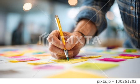 entrepreneur writing business vision on large paper pad 130261202