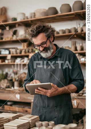 SME owner using tablet to update product listing in online store 130261203