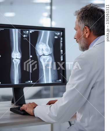 radiologist evaluating x ray results of patient knee on screen 130261311