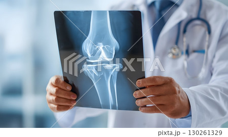 experienced doctor reviewing bone structure of knee from x ray 130261329