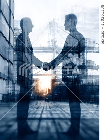 international business partners with cargo ship background 130261338