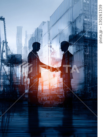 international business partners with cargo ship background 130261339