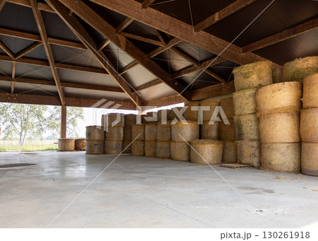 Round hay bales storing in modern barn for winter feeding 130261918