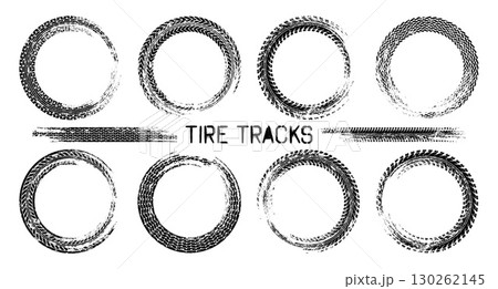 Grunge circle tire tracks, wheel braking marks. Truck, car or motorcycle tread pattern silhouettes. Auto race, motorsport, speed racing design element. Vector illustration Grunge circle tire tracks, wheel braking marks. Truck, car or motorcycle tread pattern silhouettes. Auto race, motorsport, speed racing design element. Vector illustration 130262145