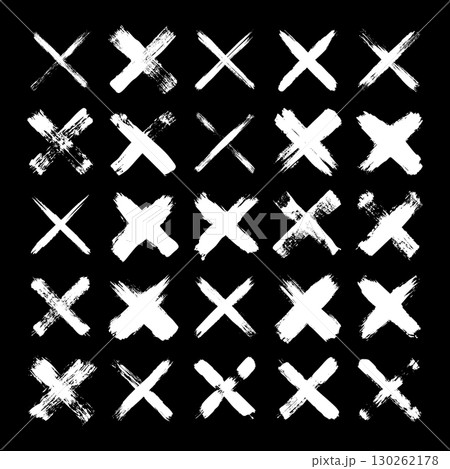 Grunge crosses, brush strokes, x mark, lines, ink smudges, hand-drawn scribble shapes. Handmade sketchy marks, acrylic stains, charcoal streaks. Paint textures, dry brush effect. Vector illustration 130262178