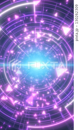 Futuristic glowing neon portal with pink and blue light rings and geometric particles Futuristic glowing neon portal with pink and blue light rings and geometric particles 130262309