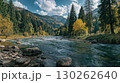 Breathtaking Scene of a Winding Mountain River Flowing Through a Lush Forest, Enhancing Tranquility and Beauty Perfect for RelaxationFocused Projects. 130262640