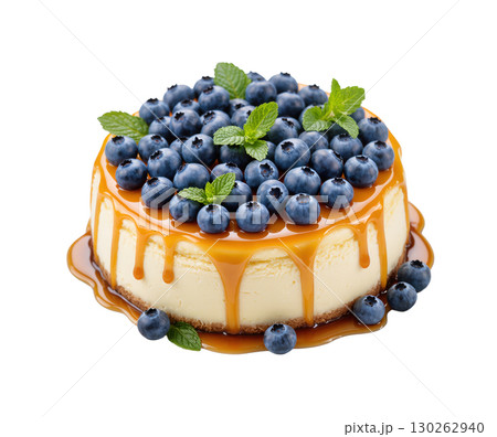 Cheesecake with blueberries and caramel topping decorated with mint leaves isolated on white background 130262940