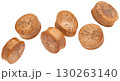 Falling fried sausage slices isolated on white background with clipping path 130263140