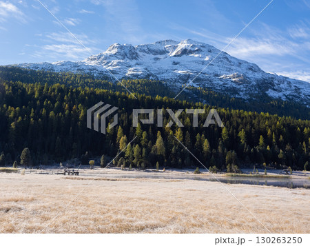 St. Moritz, Switzerland - October 6th 2024: Idyllic lake Lej da Staz in the morning sunlight 130263250