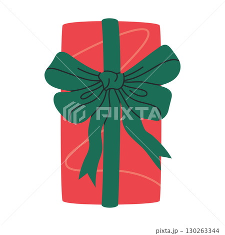 Box with silk bow. Birthday or Christmas party gift box, wrapped gift box flat vector illustration. Cartoon holidays gift box on white background 130263344