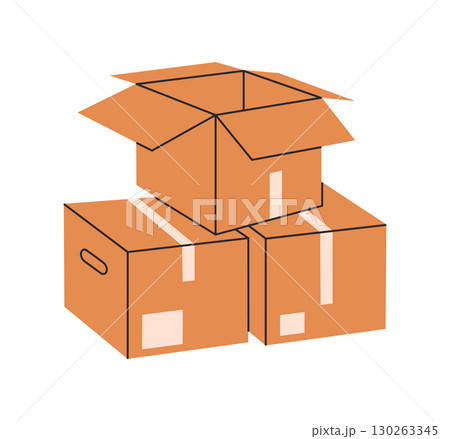 Cardboard boxes. Stacked carton boxes pile, warehouse cargo box stack flat vector illustration. Cartoon delivery containers on white background Cardboard boxes. Stacked carton boxes pile, warehouse cargo box stack flat vector illustration. Cartoon delivery containers on white background 130263345