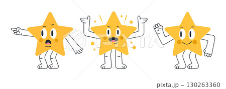 Star shapes. Cartoon preschool learning geometric star characters with funny emotions flat vector illustration set. Comic funny star mascots with various emotions 130263360