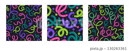 Twisted shapes seamless patterns. Abstract scribble lines endless design, colorful creative minimalist style flat vector background illustration set. Doodle funny scribble shapes patterns Twisted shapes seamless patterns. Abstract scribble lines endless design, colorful creative minimalist style flat vector background illustration set. Doodle funny scribble shapes patterns 130263361