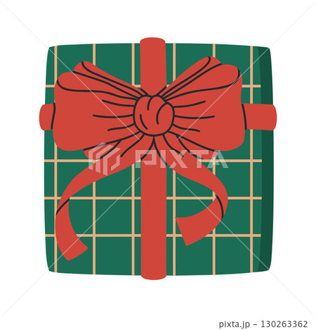 Xmas gift box. Christmas party present with silk bow, wrapped gift box flat vector illustration. Cartoon holidays gift box on white Xmas gift box. Christmas party present with silk bow, wrapped gift box flat vector illustration. Cartoon holidays gift box on white 130263362