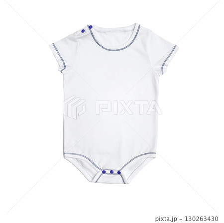 White baby onesie with blue trim and snap buttons on short sleeves for infants 130263430