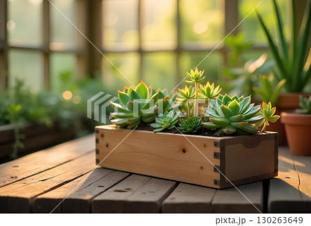 green plant in pot on wooden table 130263649