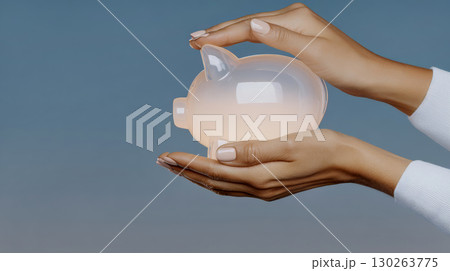 Bright piggy bank rests in open hands, symbolizing charitable giving and financial hope. This image captures hope, generosity, and human connection. 130263775
