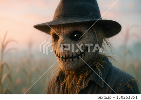 Eerie Scarecrow At Dawn In Misty Cornfield, Rustic Straw Guardian With Stitched Smile 130263851