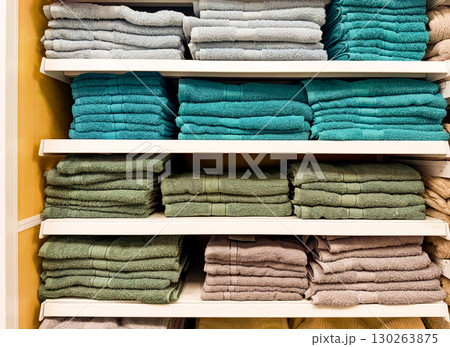 Towels in assorted colors stacked on store shelves. Home textiles, comfort, and lifestyle accessories. Towels in assorted colors stacked on store shelves. Home textiles, comfort, and lifestyle accessories. 130263875