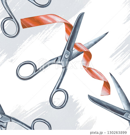 The seamless pattern is hand-drawn with iron scissors cutting a red ribbon against a gray watercolor patch. Watercolor illustration. Seamless background on a sewing theme 130263899