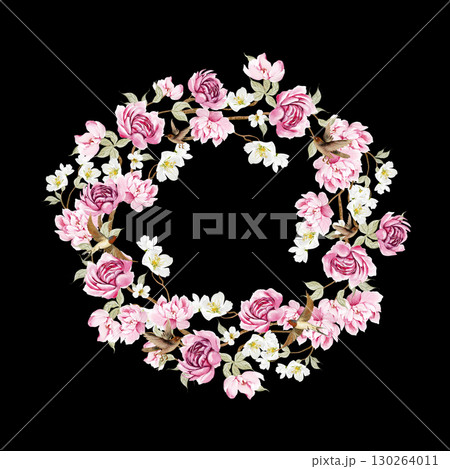 Chinoiserie floral wreath with flowers. 130264011