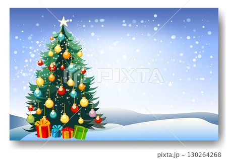 A beautifully decorated Christmas tree stands prominently against a snowy landscape 130264268