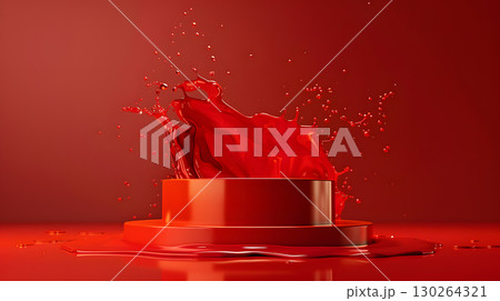 red podium on background with paints splashes. banner for holidays. Stand for displaying good. red podium on background with paints splashes. banner for holidays. Stand for displaying good. 130264321