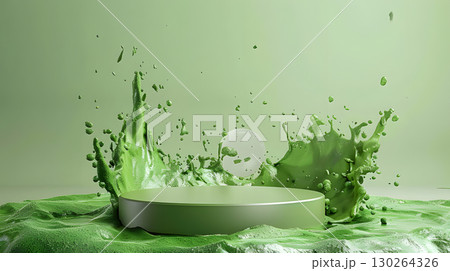 green podium on background with paints splashes. banner for holidays. Stand for displaying good. green podium on background with paints splashes. banner for holidays. Stand for displaying good. 130264326