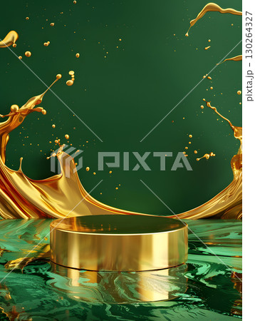 green podium on background with paints splashes. banner for holidays. Stand for displaying good. 130264327