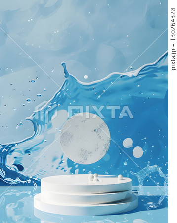 blue podium on background with paints splashes. banner for holidays. Stand for displaying good. 130264328