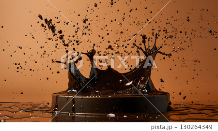 brown podium on background with paints splashes. banner for holidays. Stand for displaying good. 130264349