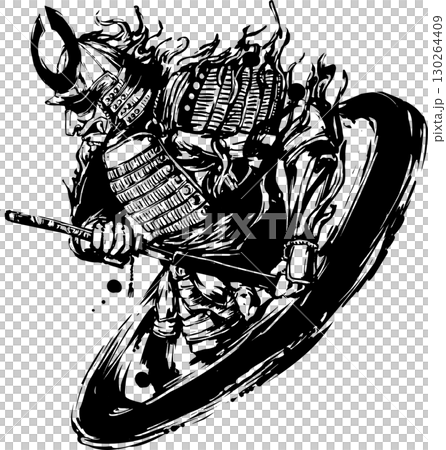 Ink painting illustration of a samurai drawing his sword 130264409